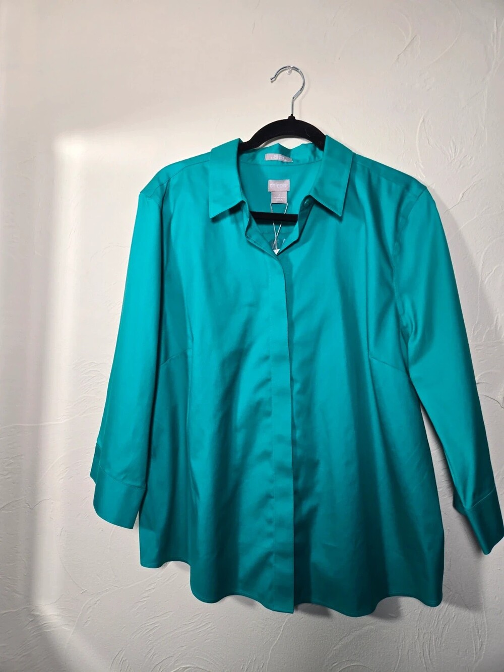 Women's Chico's Teal 'No Iron' Satin Shield Button-Down Shirt, green, size XL,N